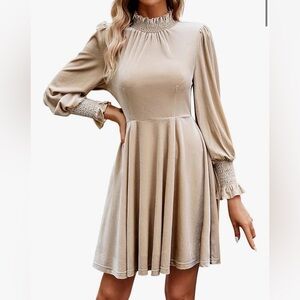 NEW Champagne Velvet Dress Holiday Elegant Stand-Up Collar Long Sleeve Dress XL